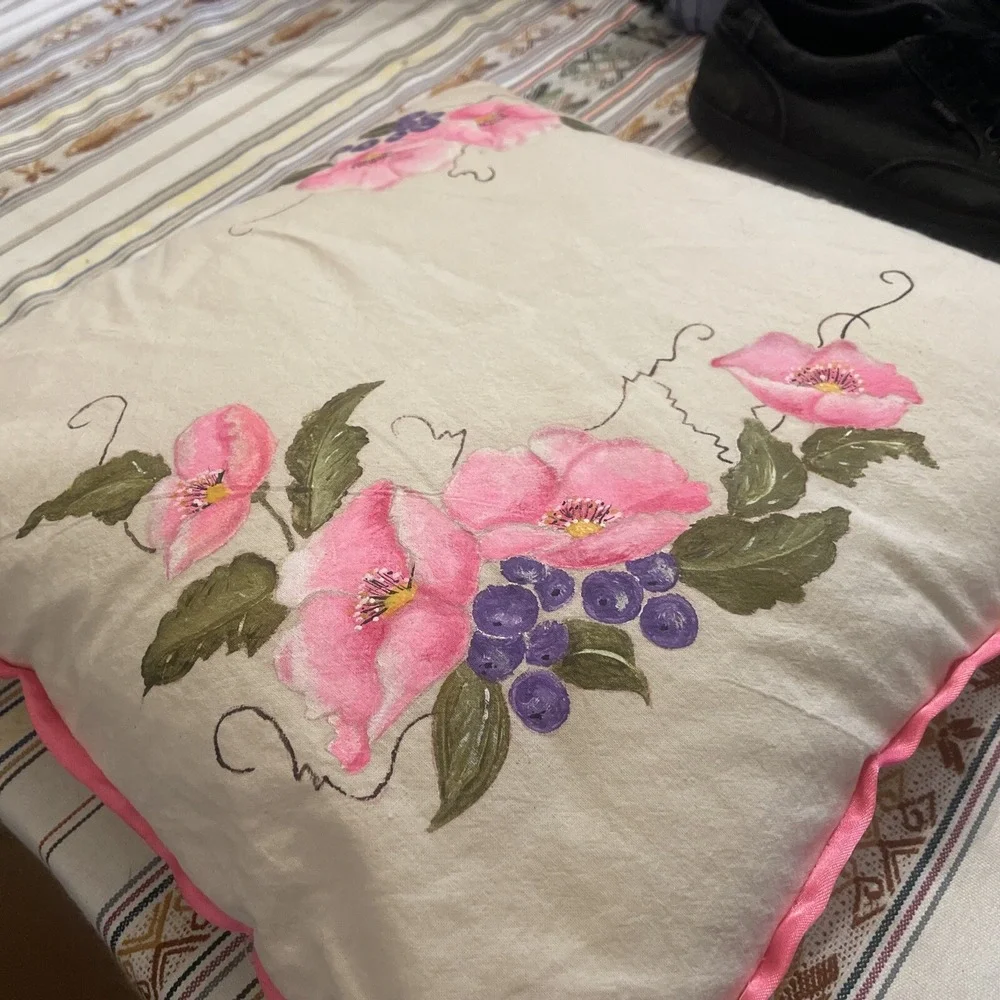 Hand Painted Pink Floral Pillow Case (pink Satin Trim) W/ Pillow‎ From Argentina